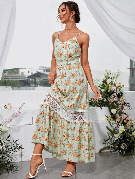 

floral print contrast guipure lace ruffle hem cami dress b09s#, Black;gray