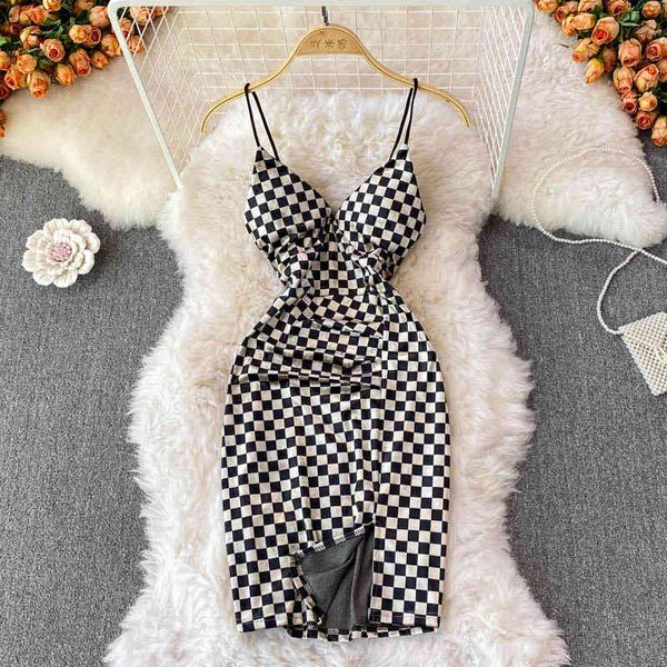 

casual dresses fashion slim low cut suspender skirt golden velvet checkerboard split tight hip wrap dress spring l8ti, Black;gray