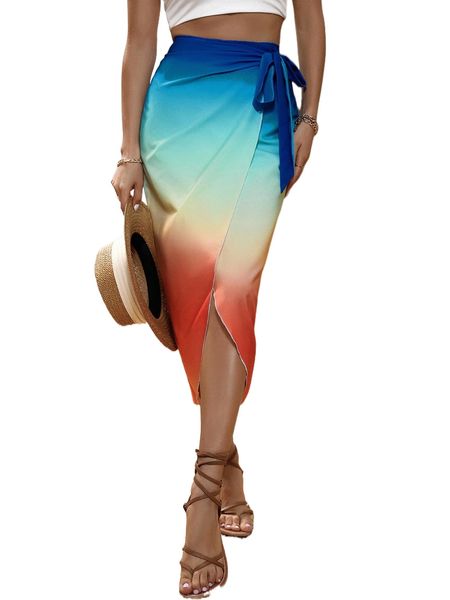 

ombre wrap tie side skirt t365#, Black