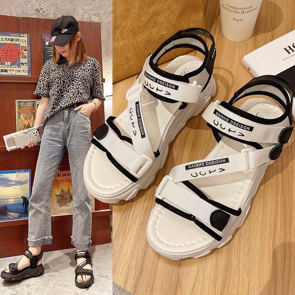 

sandals designer sports sandals women summer 2021 new korean thick bottom net red fairy style magic sticker beach shoes women's fashion, Black