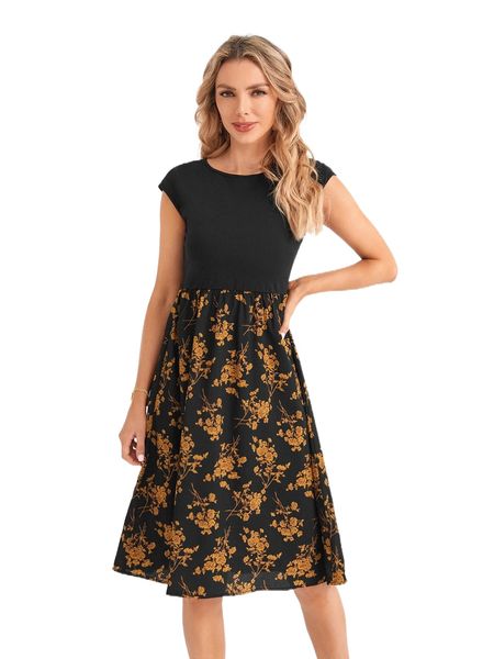 

emery rose floral print batwing sleeve a-line dress v9uy#, Black;gray