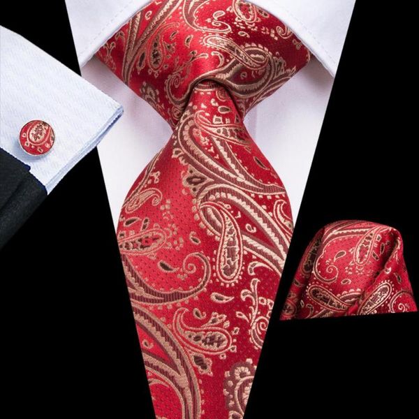 Bow Ties Red Burgundy Paisley İpek Düğün Kravat Erkekler İçin Shandky Cufflink Hediye Set Seti Moda Tasarım İş Partisi Dropship Hi-Tiebow Bow
