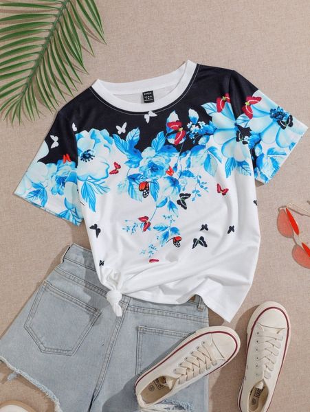 

butterfly & floral print tee j38o#, White