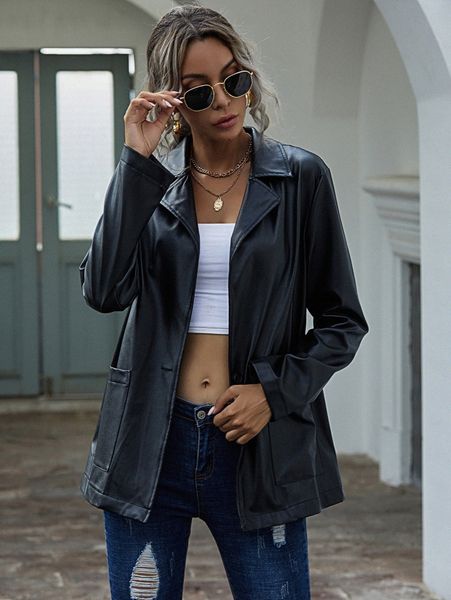 

pu leather lapel neck dual pocket blazer r4cw#, White