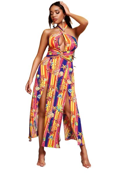 

sxy starfish print o-ring linked split thigh dress g7vr#, Black;gray