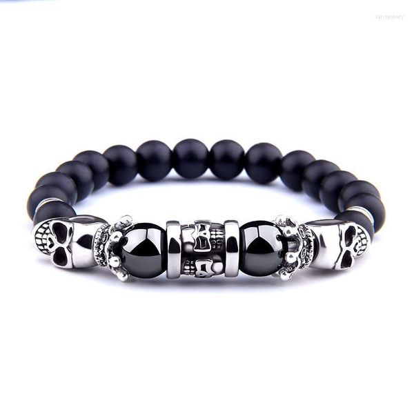 Fili di perline Serie di teschi Bracciale di perline nere Gemme di ematite naturale Testa di moda Ciondolo in pietra di onice da uomo Lars22