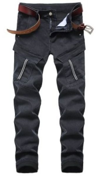 

jeans men straight stretch multi pocket denim tide pants full length solid casual pant winter aa, Blue