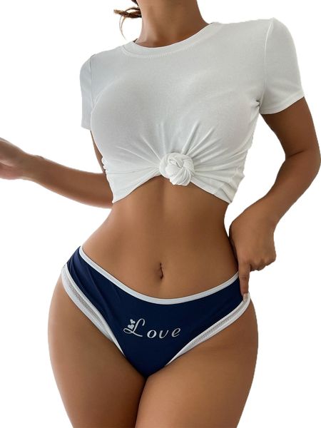 

letter graphic contrast mesh panty c5db#, Black;red