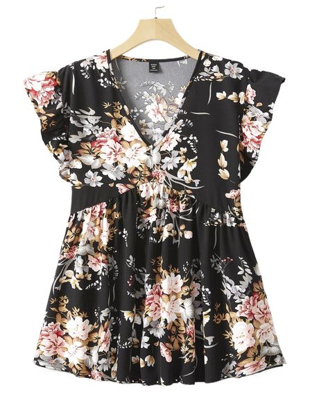 

plus floral print flutter sleeve peplum blouse 12uh#, Black