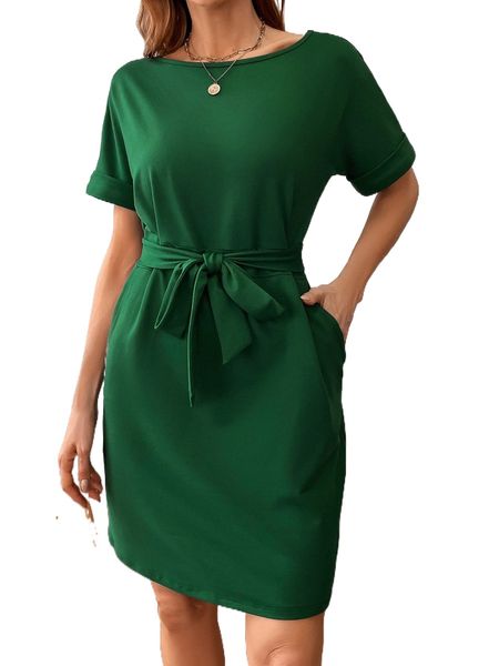 

solid pocket detail tie front dress p76f#, Black;gray