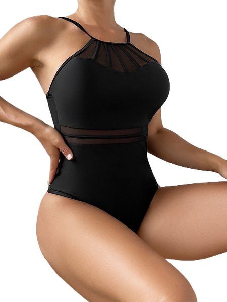 

contrast mesh one piece swimsuit x4pp#, White;black