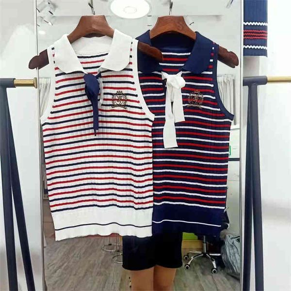 

women's t-shirt striped sleeveless knit style summer lapel bow slim lace up vest, White