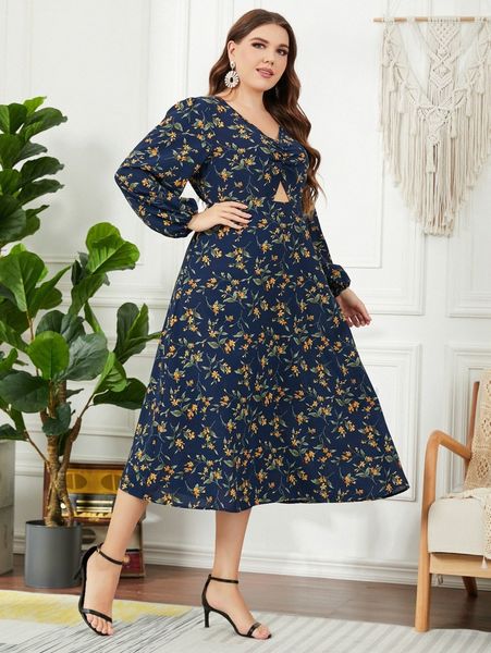 

plus floral print lantern sleeve ruched cut out dress l38p#, Black