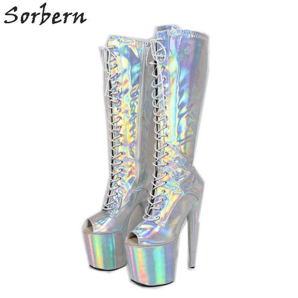 

sorbern holographic shoes exotic dancer boots knee high open toe custom stripper pole fetish high heels 20cm extreme high heels, Black
