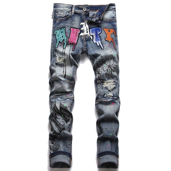 Jeans da uomo stampati patchwork pantaloni denim da uomo distrutti alla moda pantaloni casual in cotone Jean Hip Hop 3121