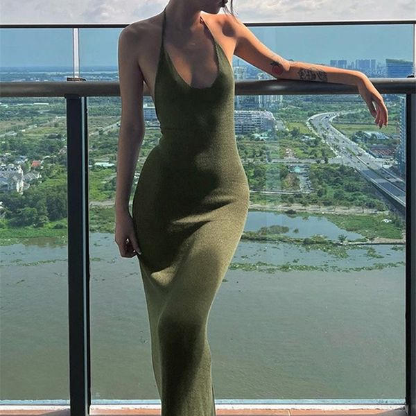 

hugcitar solid halter sleeveless backless slim maxi dress spring women elegant streetwear party y2k clothing concise 220622, Black;gray