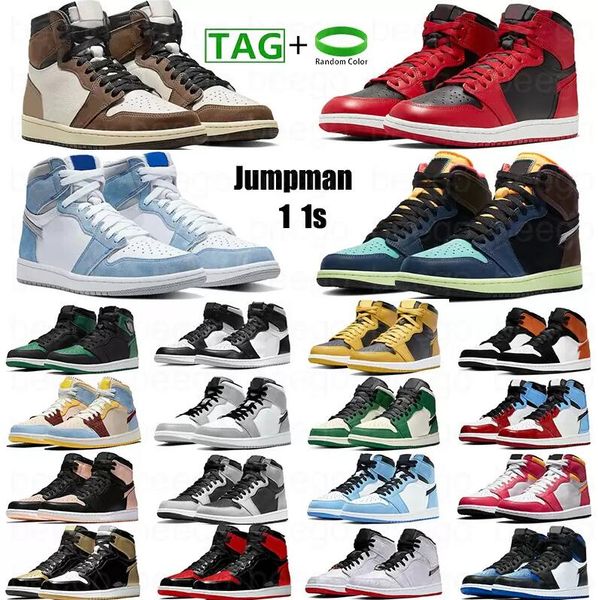 

with box jumpman 1 1s mens basketball shoes bred patent royal fragment unc pine green university blue dark mocha fearless men women sports t