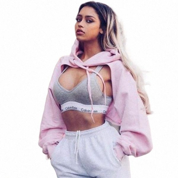 

womens solid long sleeve cropped hoodies autumn sweatshirt new women's irregular hooded chain short pullover crop sweatshirt1 m16m#, Black