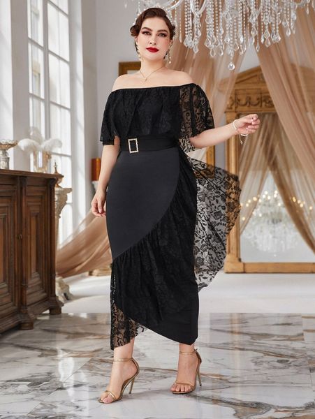 

plus off shoulder contrast lace ruffle trim belted dress n3s3#, Black