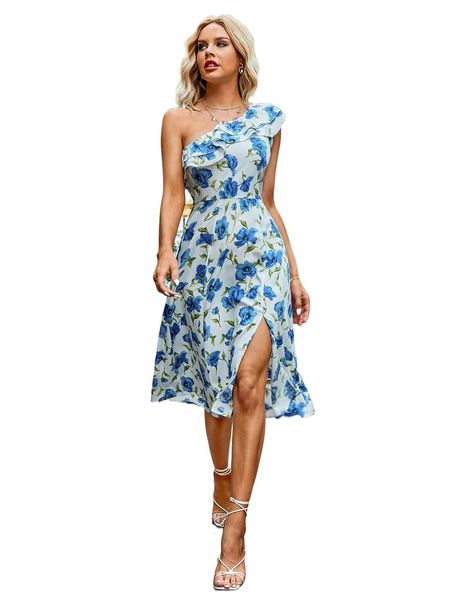 

floral print layered ruffle trim one shoulder split thigh dress r91w#, Black;gray