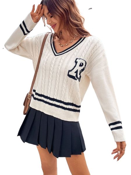 

letter pattern cable knit drop shoulder cricket sweater f6yw#, White;black