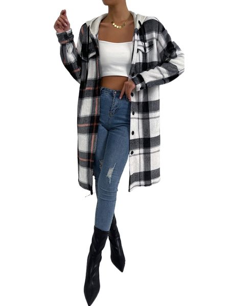 

plaid print drop shoulder drawstring hooded coat 39es#, Black