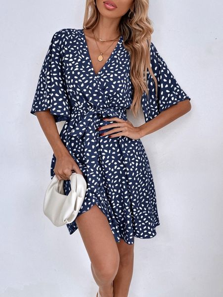 

allover print butterfly sleeve belted dress z0z4#, Black;gray