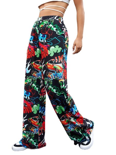 

letter & car print wide leg pants q55p#, Black;white