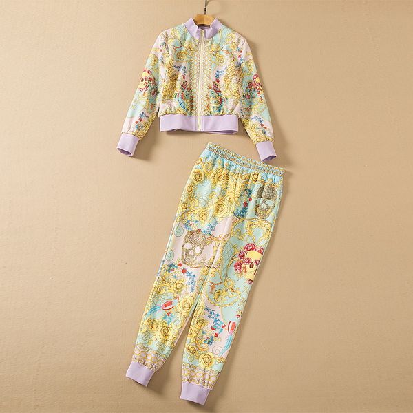 

european and american women's wear spring 2022 new long sleeve printed bead zipper coat trousers fashion suits, White