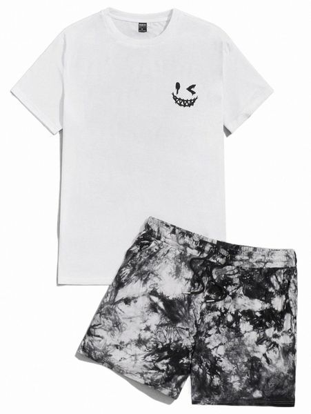 

men expression print tee & tie dye drawstring waist shorts 51cc#, Gray