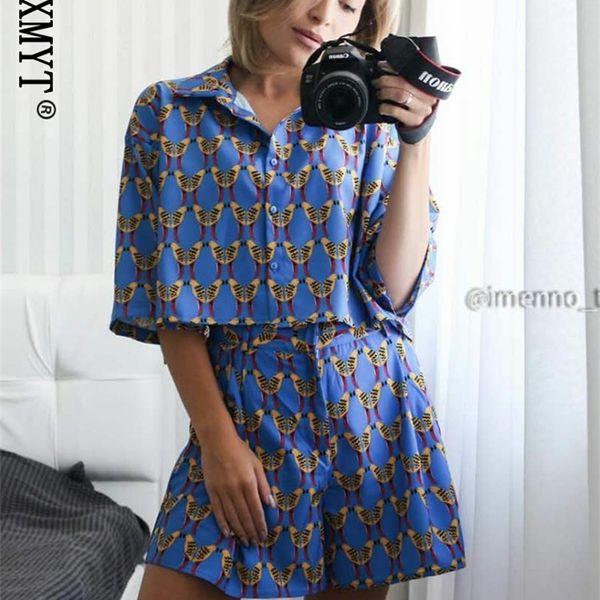 

klkxmyt women 2 pieces sets summer loose fashion print batwing short sleeve beach cropped blouse elastic waist casual shorts set 220706, White