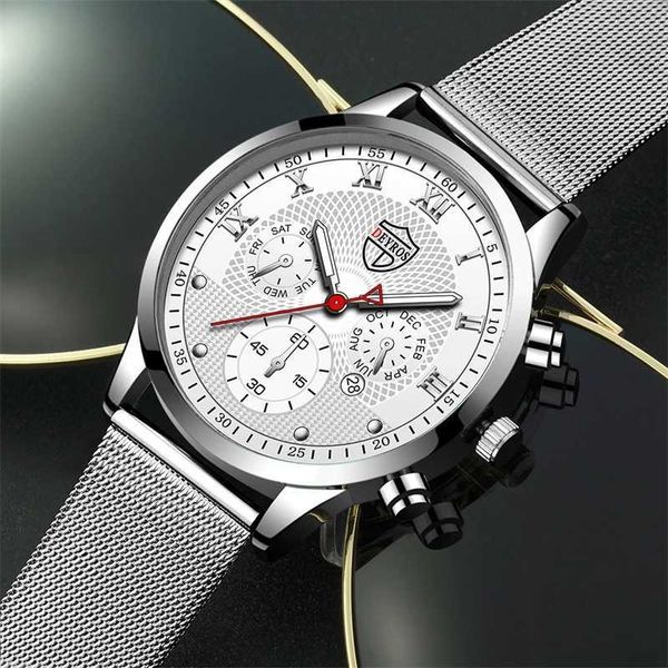 

2022 luxury fashion mens watches stainless steel mesh belt quartz wrist luminous clock men business casual leather, Slivery;brown