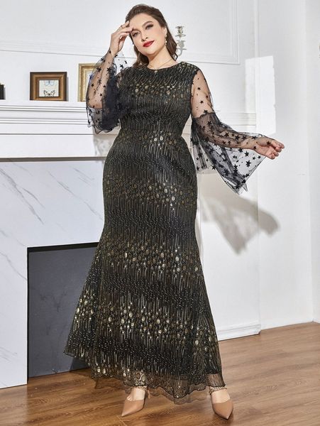 

plus gold geo print star mesh trumpet sleeve mermaid dress c34j#, Black