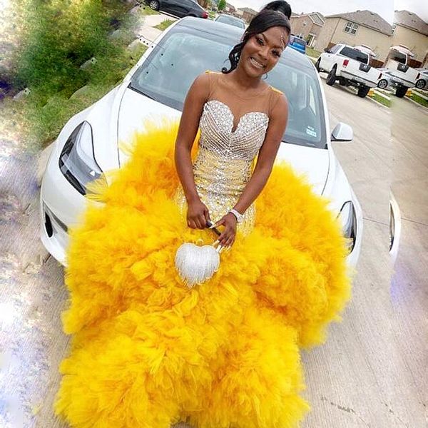 

yellow luxury prom dresses with sheer neck beaded crystal ruffles birthday party dress aso ebi evening gowns for black girls