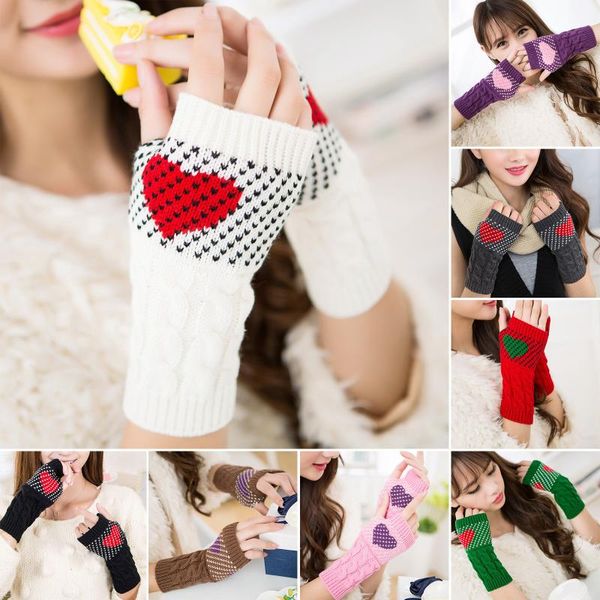 Fünf-Finger-Handschuhe für Erwachsene, Damen, Wolle, warm, gestrickt, offener Finger, Halbfinger, Tippen, Mode, Liebe, Pfirsich, Herz, schützend