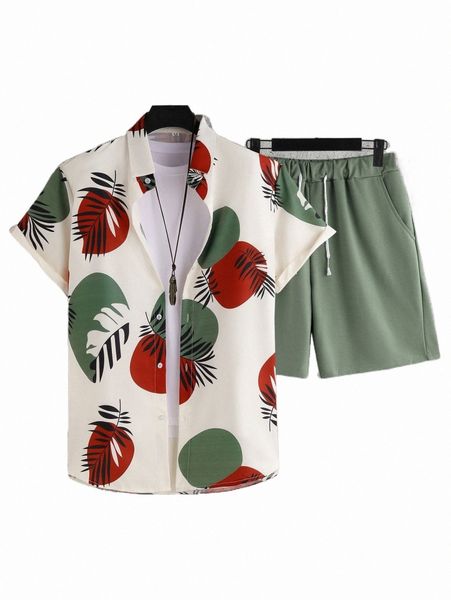 

men tropical print shirt & drawstring waist shorts without tee h6hs#, Gray