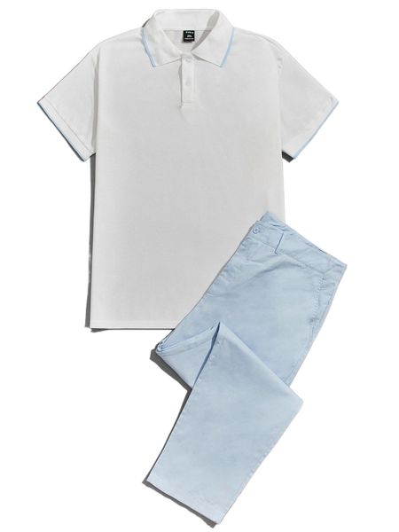 

extended sizes men contrast trim polo shirt & pants g5qn#, Gray