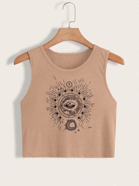 

plus eye & moon print tank o10q#, Black