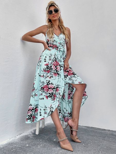 

floral print wrap belted cami dress s8yl#, Black;gray