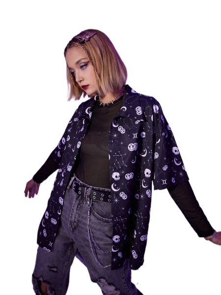 

romwe x whatsupdale starsalign gemini skull & galaxy print shirt t7ml#, White