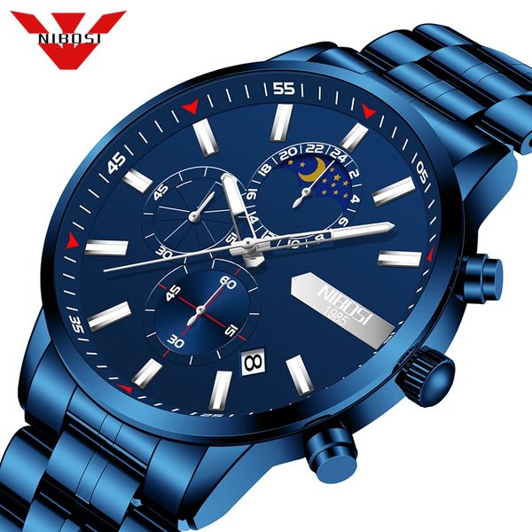 

nibosi 2021 blue men watch brand luxury sports quartz chronograph mens watches waterproof wristwatch men relogio masculino, Silver