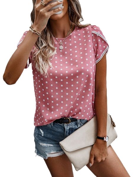 

polka dot print guipure lace trim petal sleeve blouse 36ke#, White