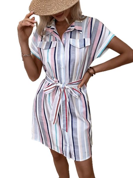 

striped flap detail belted shirt dress c6df#, Black;gray