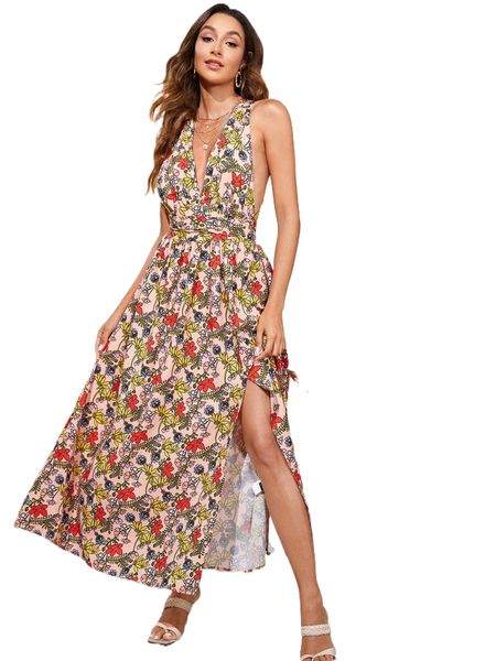 

x kafi kafi co. allover floral print crisscross knot back slit thigh dress v25e#, Black;gray