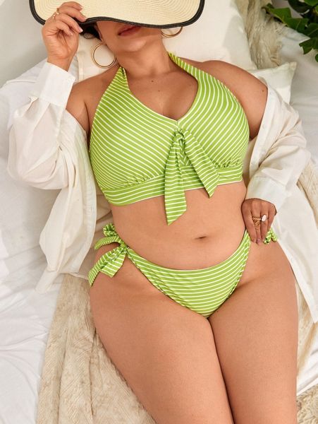 

plus striped knot front bikini swimsuit l9wg#, White;black