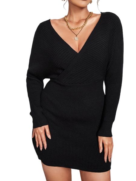

plus solid surplice v neck knit dress r1m0#, Black