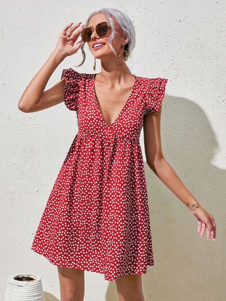 

plunging neck ruffle armhole ditsy floral dress w5pf#, Black;gray