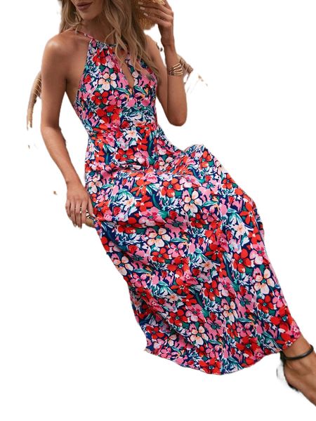 

floral print split cut out criss cross back halter dress q0a5#, Black;gray