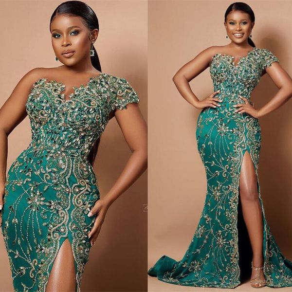 2022 Plus Size Arabo Aso Ebi Hunter Green Mermaid Prom Dresses Pizzo Perline Alta Split Sera Formale Festa Secondo Ricevimento Abiti Abito B0513