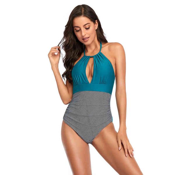 

set designer women' swimwear bikini 2022 solid color striped bikini v-neck halter lace up backls swimsuit, Red;black